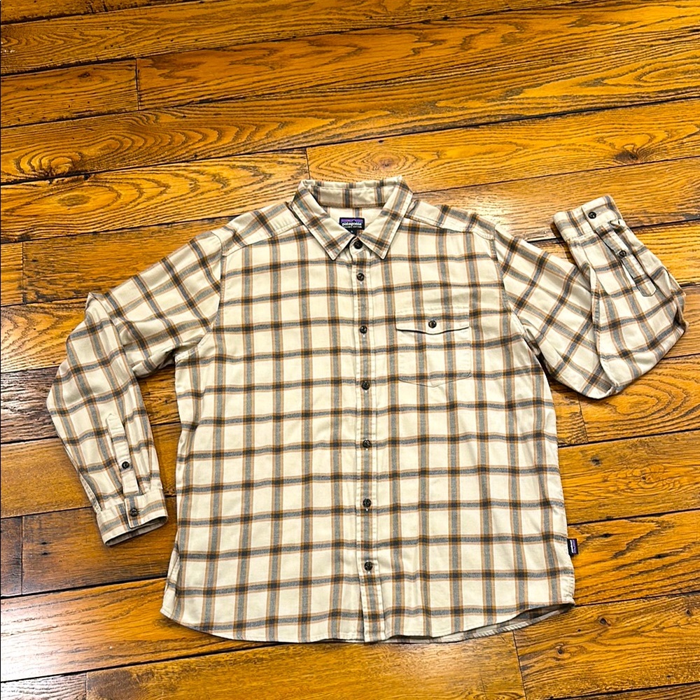 PATAGONIA Cream & Brown Casual Button Down Organic Cotton  Flannel Shirt Size Xl
